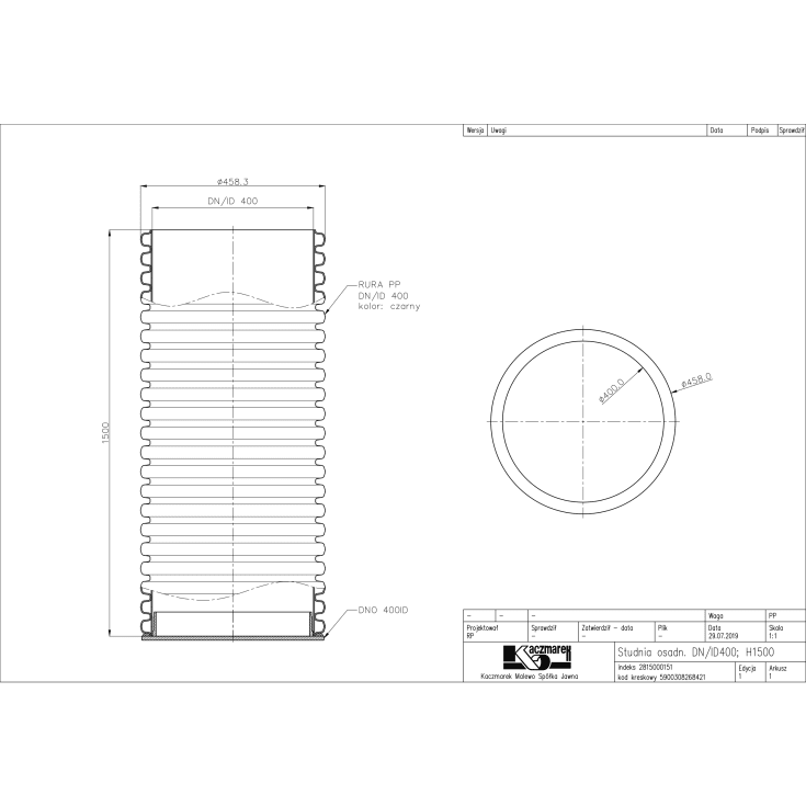 Kaczmarek 455/400 x 1500 mm PP-multibrønd, uden tilslutning