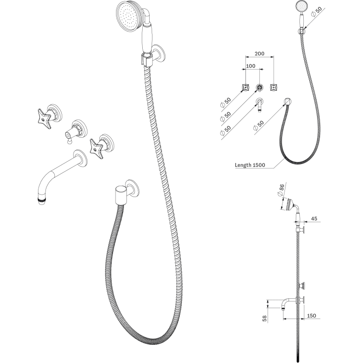 Toni Krydsgreb kararmatur med brusesæt, nikkel