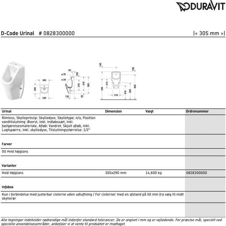 Duravit D-Code urinal, med flue, hvid