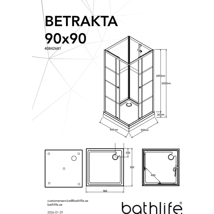 Bathlife Betrakta Dusjkabinett, 90x90 cm, Sort Matt / Klart Glass