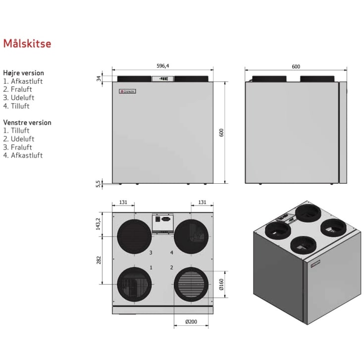 Genvex ECO 360R ventilationsanlæg med varmegenvinding, liggende, Ø160 mm