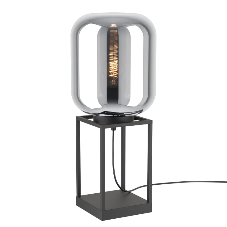 Eglo Bulciago bordlampe i sort med røgfarvet glasskærm
