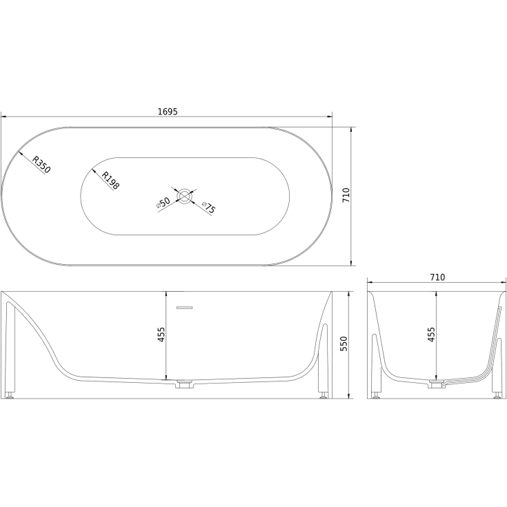 Copenhagen Bath SQ1 Oval frittstående badekar, 169,5x71 cm, hvit matt