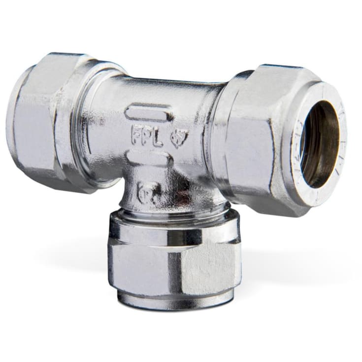 TA FPL t-rør med 3 koblinger, 15 mm, forkrommet