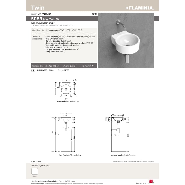 Flaminia Mini Twin vegghengt servant, Ø30 cm, hvit