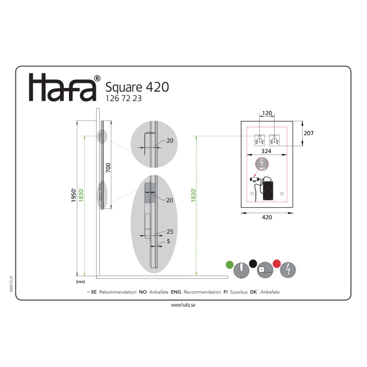 Hafa Square speil med lys, 42x70 cm