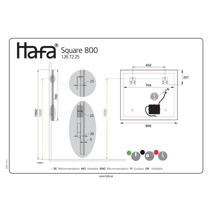 Hafa Square speil med lys, 80x70 cm