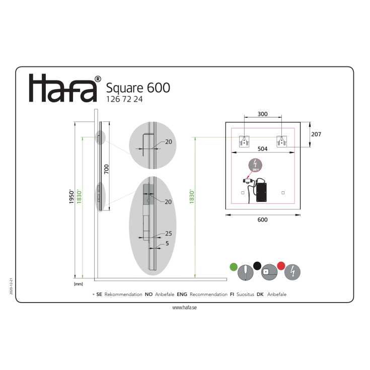 Hafa Square speil med lys, 60x70 cm