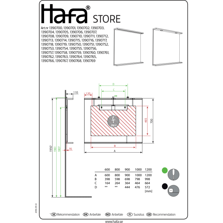 Hafa Store speil, med lys, 100x70 cm, antrasittgrå