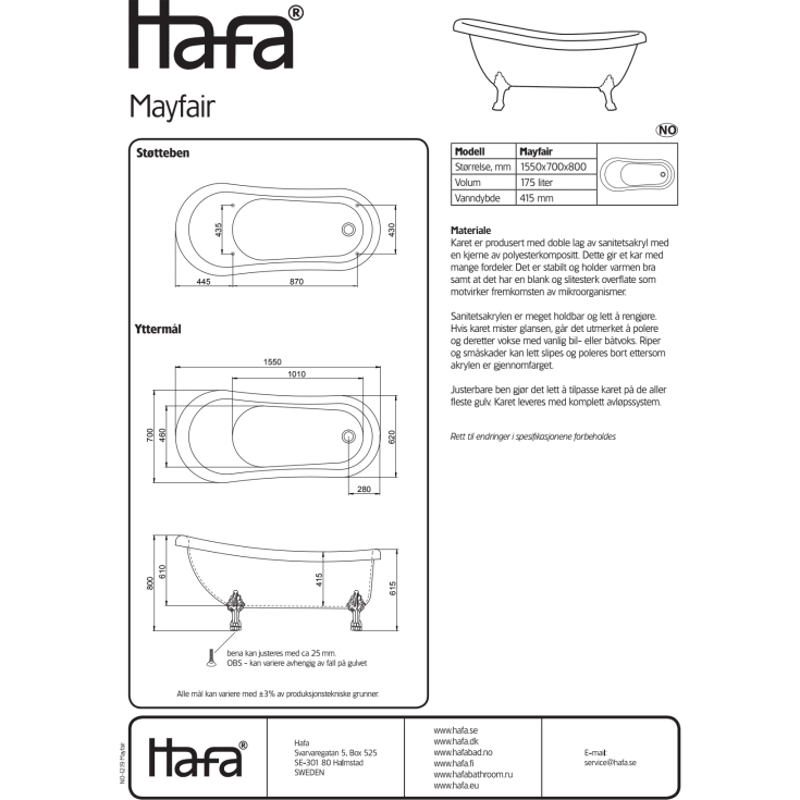 Hafa Mayfair badekar, 155x70 cm, hvit