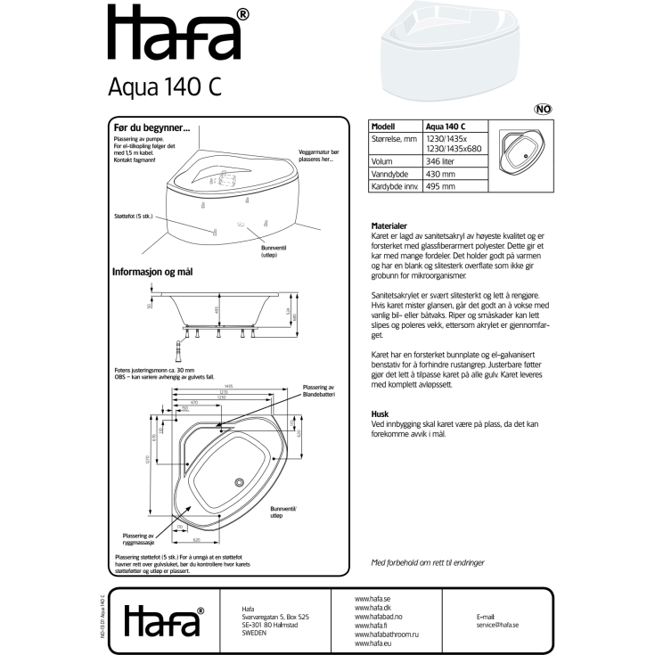 Hafa Aqua 140C Upgrade boblebad, hjørne, 1435x1435 mm, akryl, hvit