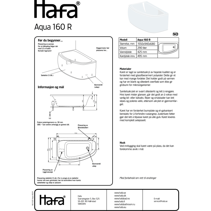 Hafa Aqua 160R Premium boblebad, 1550x940 mm, akryl, hvit
