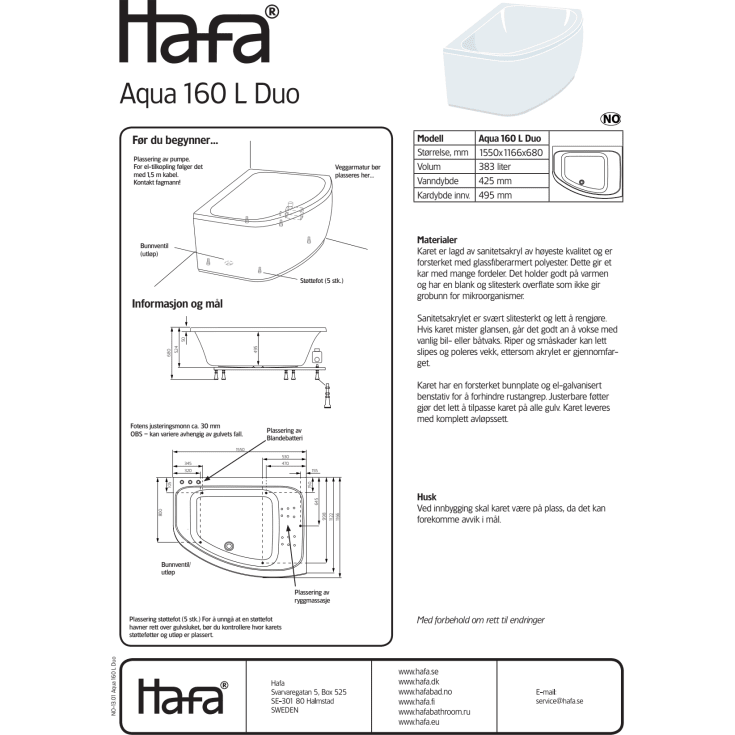 Hafa Aqua 160L Duo badekar, uten system, 1550x1166 mm, akryl, hvit