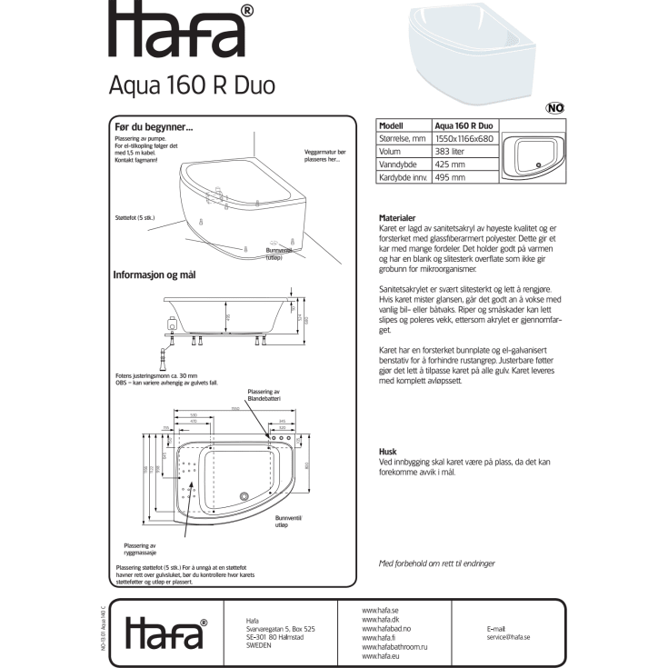 Hafa Aqua 160R Duo Premium boblebad, 1550x1166 mm, akryl, hvit