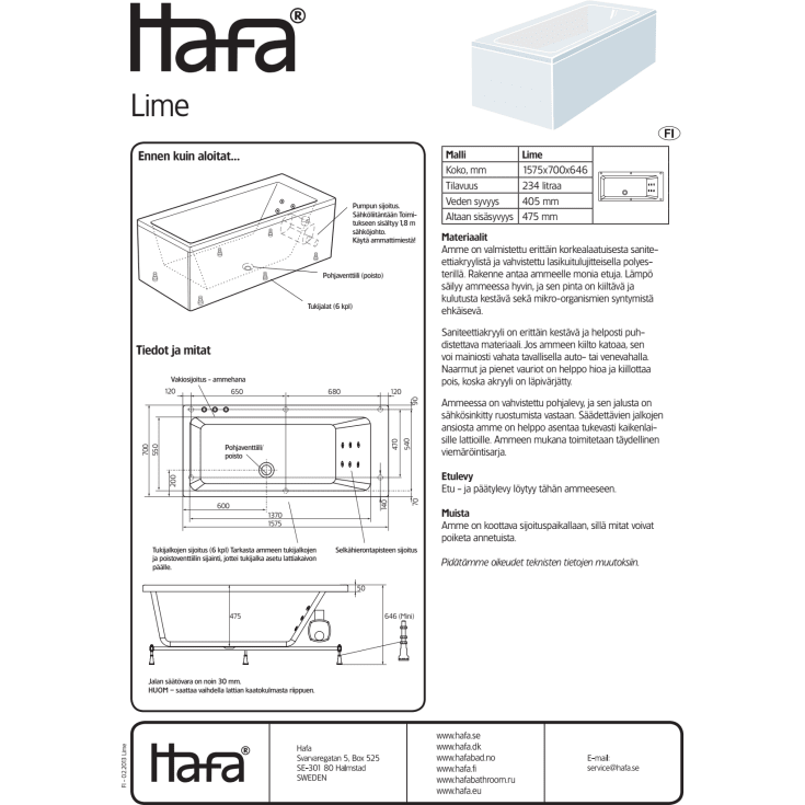 Hafa Lime 160Sq Premium boblebad, 1600x700 mm, akryl, hvit