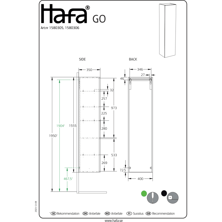 Hafa Go høyskap, 40x155.5 cm, mørk eik