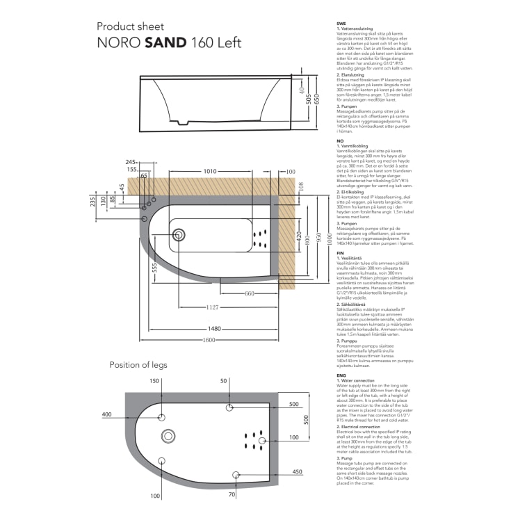 Noro Sand boblebad Bronze, venstre, 1600x1000 mm, akryl, hvit