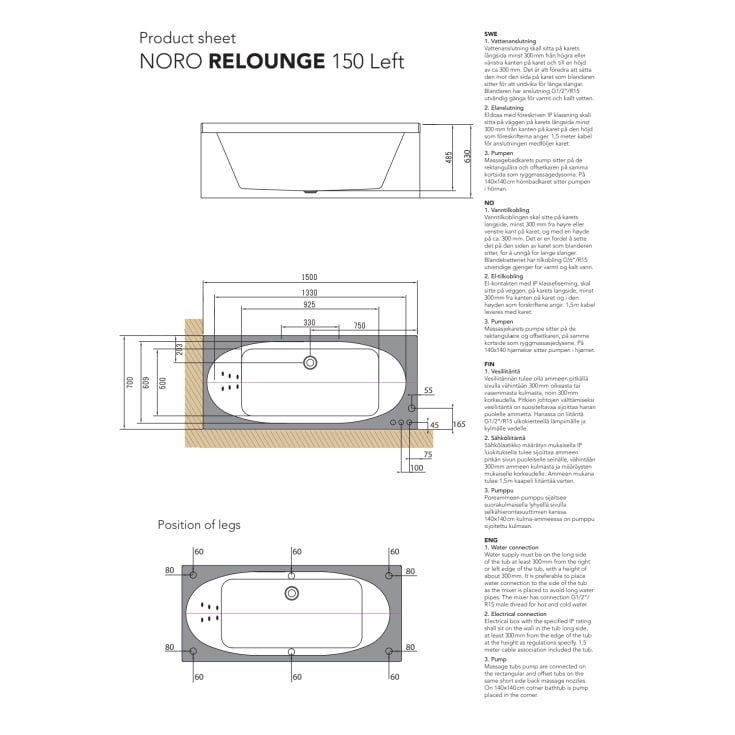 Noro Relounge boblebad Platinum, venstre, 1500x700 mm, akryl, hvit