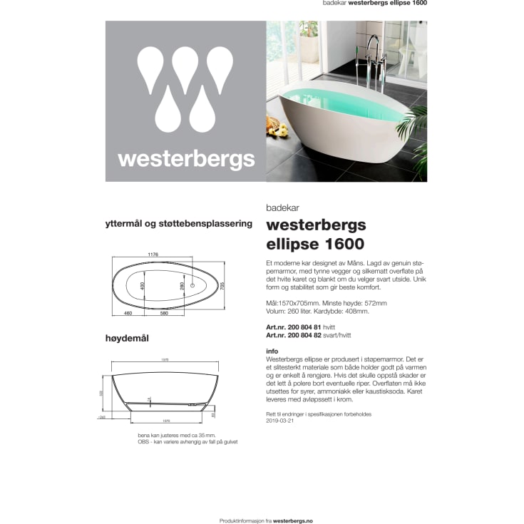 Westerbergs Ellipse badekar, 1570x705 mm, støpemarmor, hvit