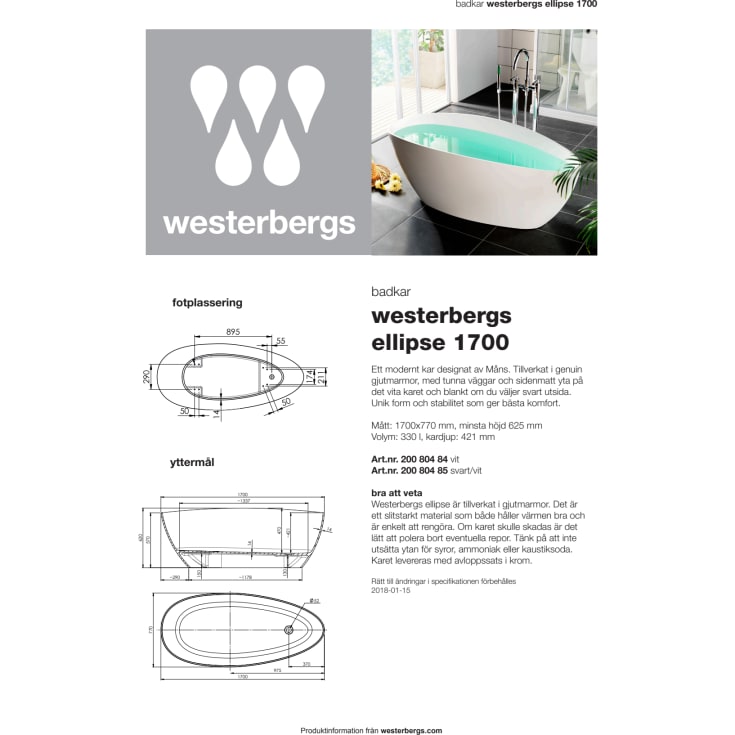Westerbergs Ellipse badekar, 170x77 cm, hvit