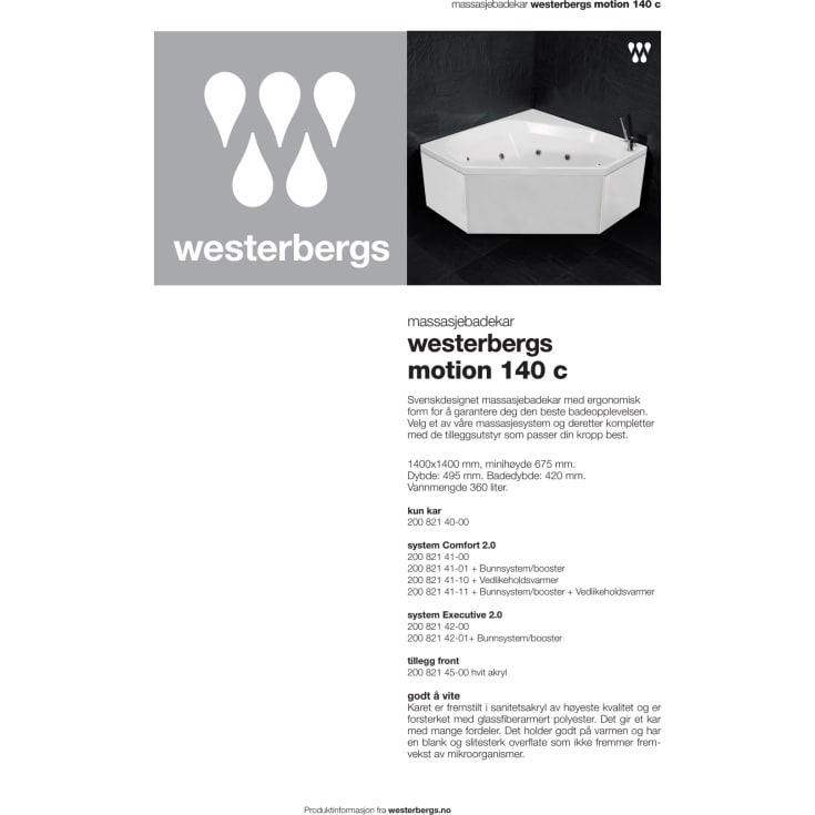 Westerbergs Motion 140C Executive boblebad, hjørne, 1400x1400 mm, akryl, hvit