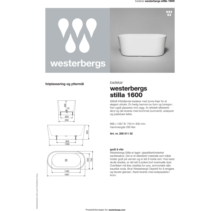 Westerbergs Stilla badekar, 156,7x75 cm, hvit