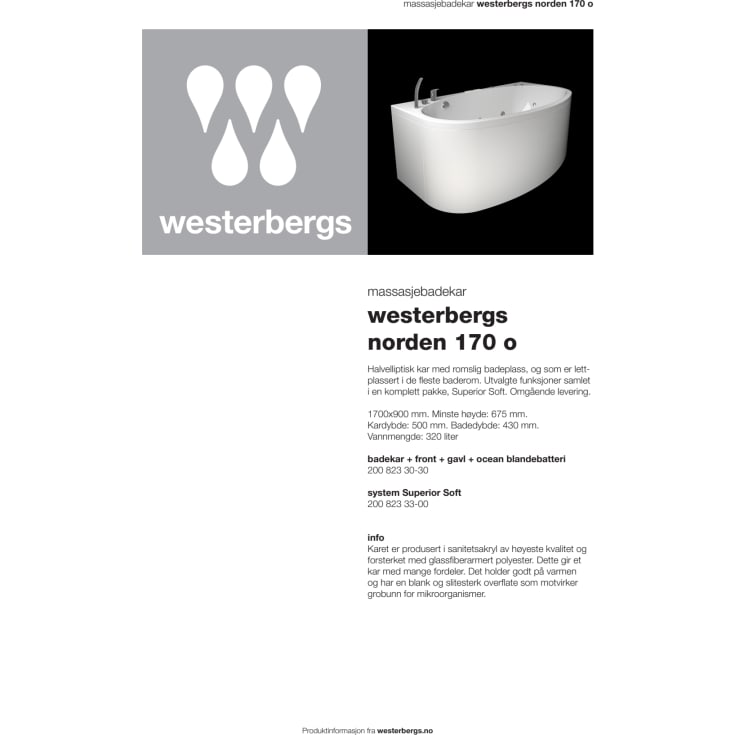 Westerbergs Norden 170O badekar, 1700x900 mm, akryl, hvit