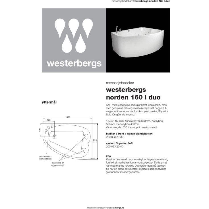 Westerbergs Norden 160L Duo badekar, 1570x1150 mm, venstre, akryl, hvit