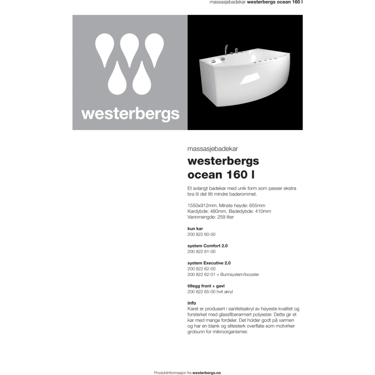 Westerbergs Ocean 160L Comfort boblebad, 1550x912 mm, venstre, akryl, hvit