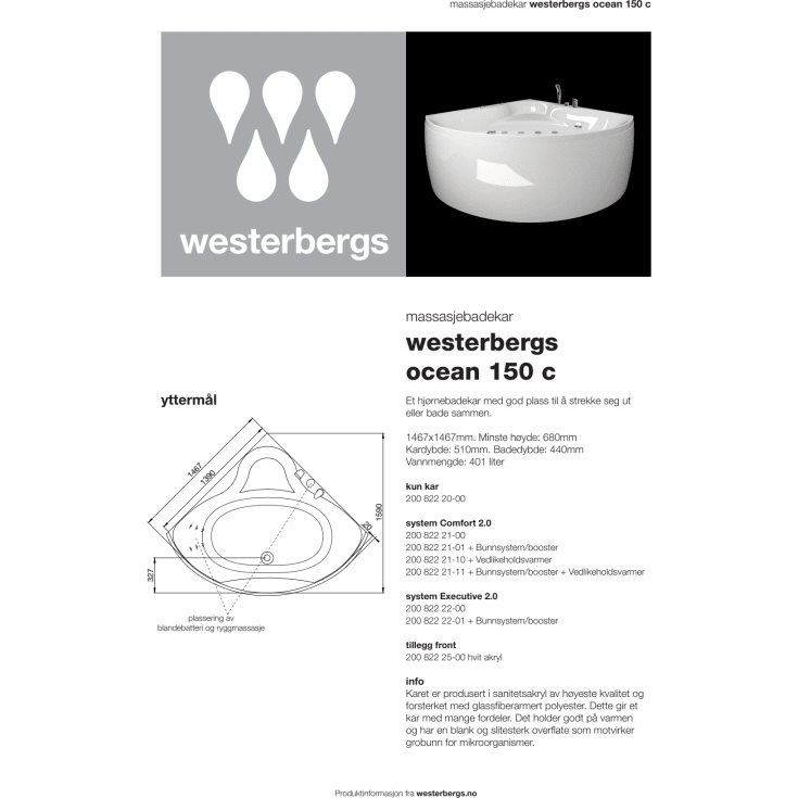 Westerbergs Ocean 150C Executive boblebad, hjørne, 1467x1467 mm, akryl, hvit