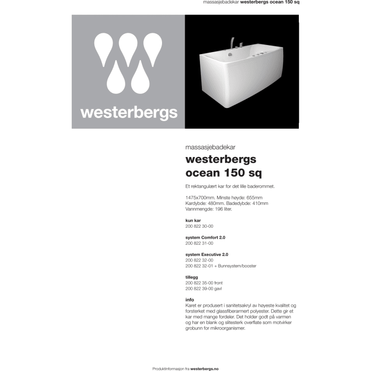 Westerbergs Ocean 150SQ Executive boblebad, 1475x700 mm, akryl, hvit