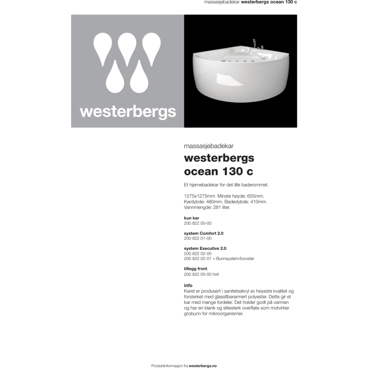 Westerbergs Ocean 130C badekar, hjørne, 1275x1275 mm, akryl, hvit