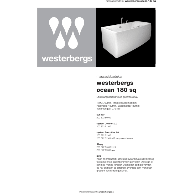 Westerbergs Motion 180SQ Comfort boblebad, 1800x800 mm, akryl, hvit