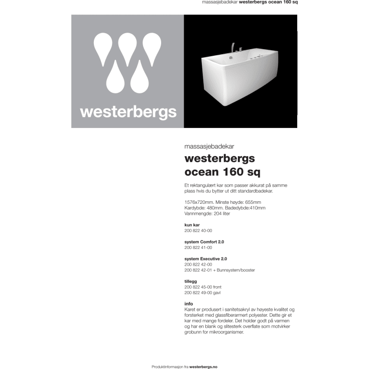 Westerbergs Motion 160SQ Executive boblebad, 1600x700 mm, akryl, hvit