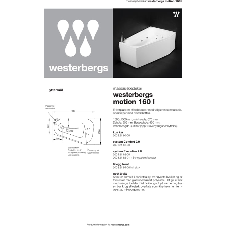 Westerbergs Motion 160L badekar, 1580x1000 mm, venstre, akryl, hvit