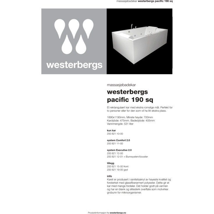 Westerbergs Pacific 190SQ badekar, 1890x1190 mm, akryl, hvit