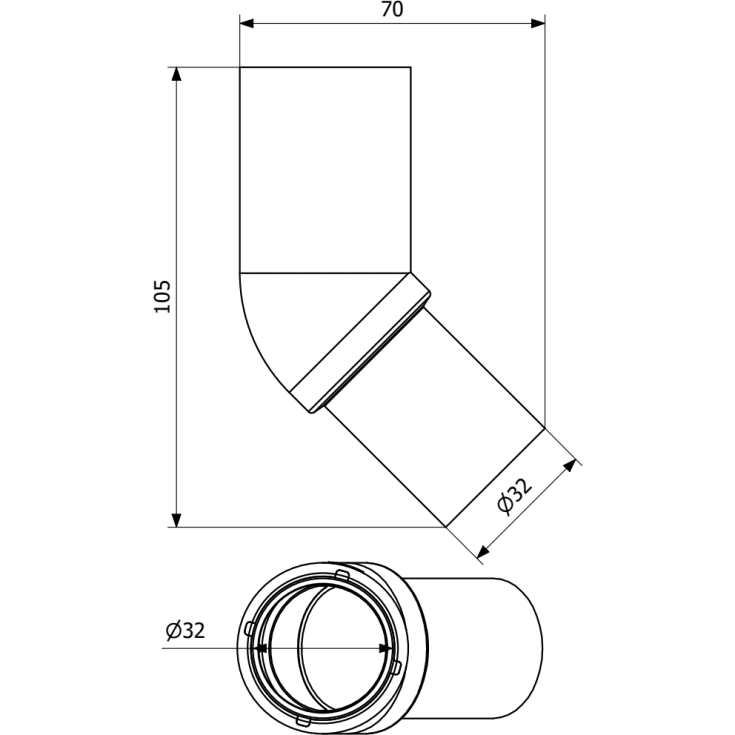 Purus avloppsböj, indstick, med spets, 45°, Ø32 mm, plast, vit