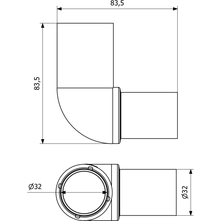 Purus afløbsbøjning, indstik, med spids, 90°, Ø32 mm, plast, hvid