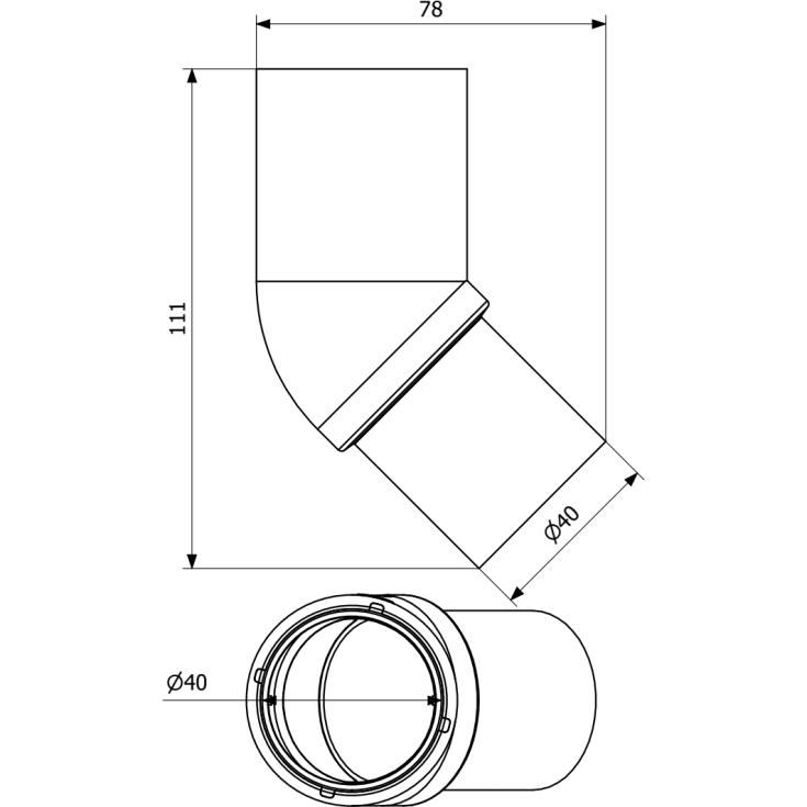 Purus avloppsböj, indstick, med spets, 45°, Ø40 mm, plast, vit