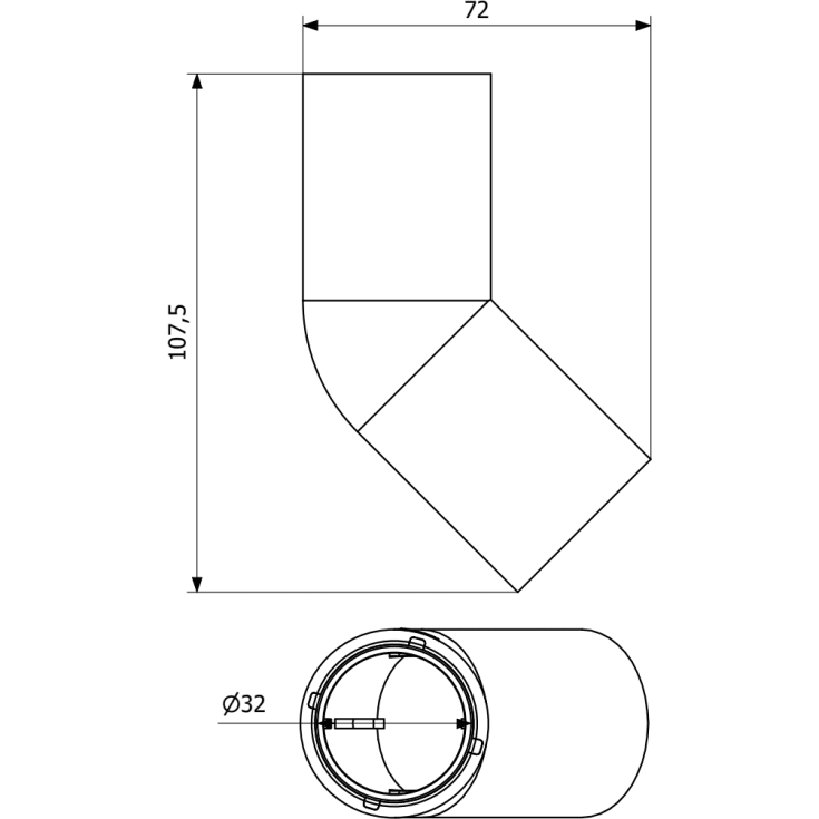 Purus avløpsbend, innstikk, 45°, Ø32 mm, plast, krom