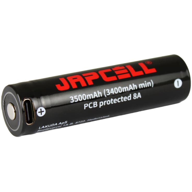 Japcell genopladeligt batteri 18600, 3500 mAh, med USB-C stik