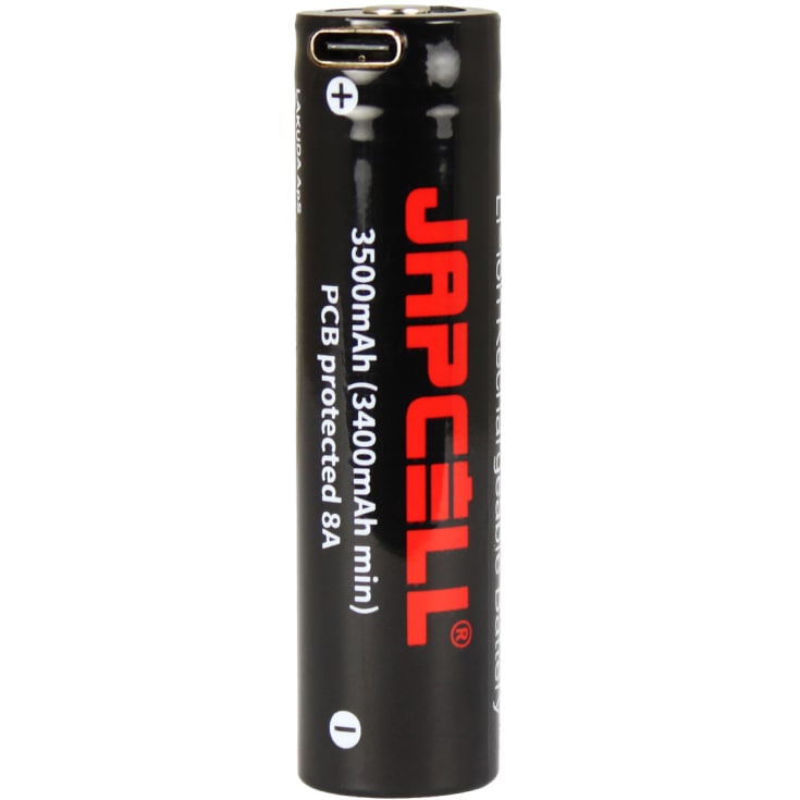 Japcell genopladeligt batteri 18600, 3500 mAh, med USB-C stik