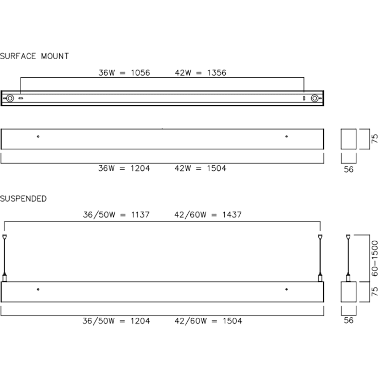 Dallas 50W 830-840 1200mm DALI-PUSH dim hvit opp/ned m/aluminiumsreflektor