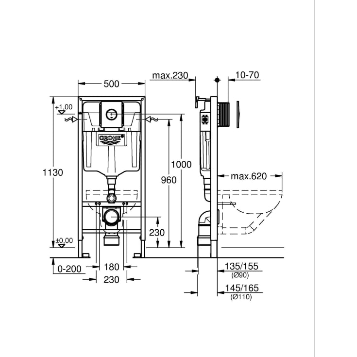 Grohe Rapid SL innbyggningssisterne, 113 cm, betjeningsplate, krom