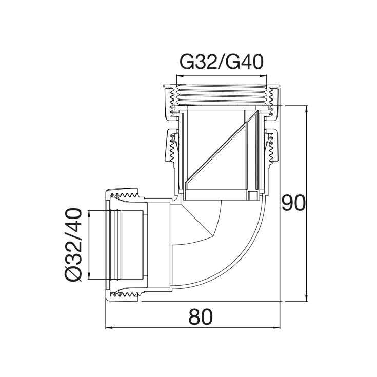 Purus PUM udløbsvinkel, Ø32/40 mm x 1 1/2 - 1 1/4", 90°, hvid