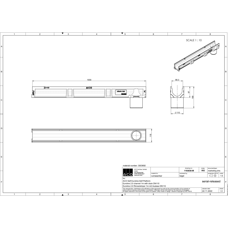 Aco Self Euroline 2.0 afløbsrende, 100 cm, lodret afløb, polymerbeton