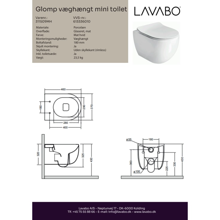Lavabo Glomp Mini vegghengt toalett, uten spylekant, matt hvit