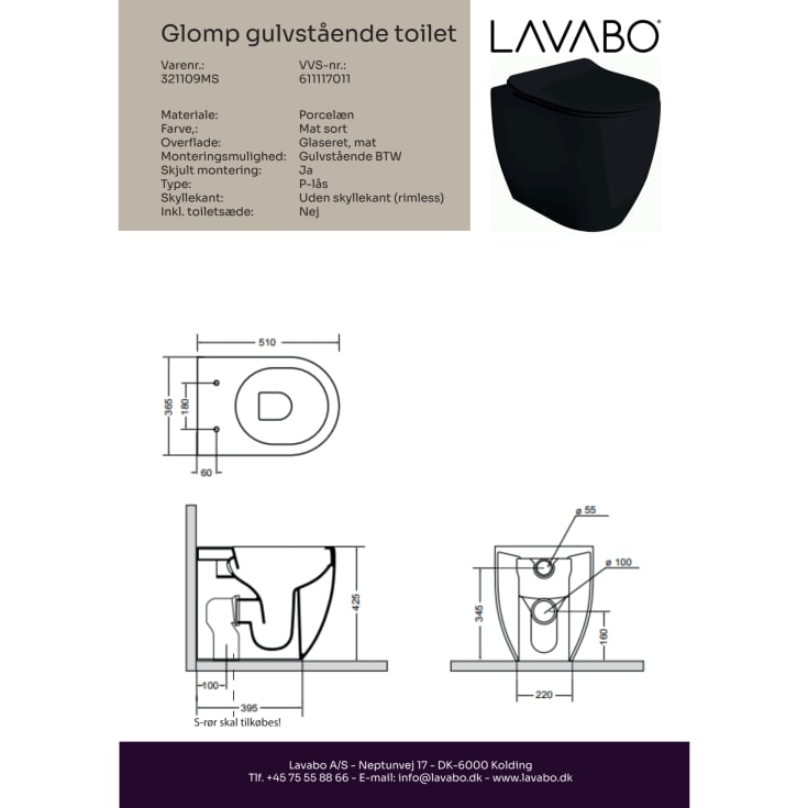 Lavabo Glomp toalett, back-to-wall, uten spylekant, matt sort