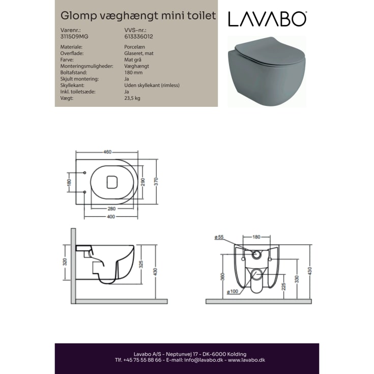 Lavabo Glomp Mini væghængt toilet, uden skyllekant, mat grå