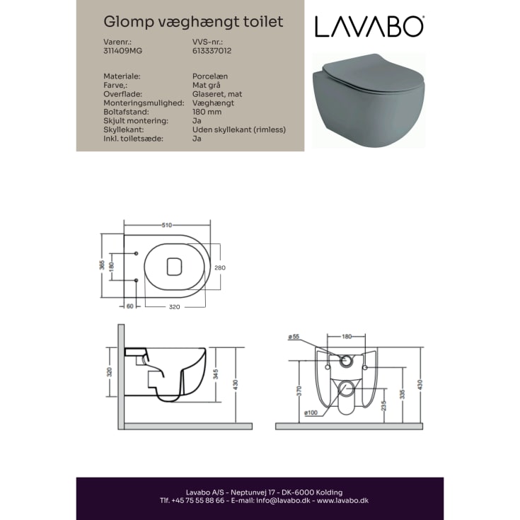 Lavabo Glomp vegghengt toalett, uten spylekant, matt grå